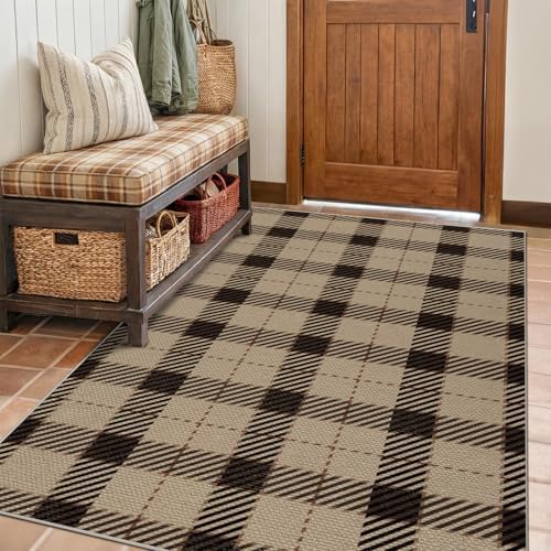 JTJ Easy Jute 4x6 Patio Rug, Black & Tan Plaid, Washable Non Slip - Image 3