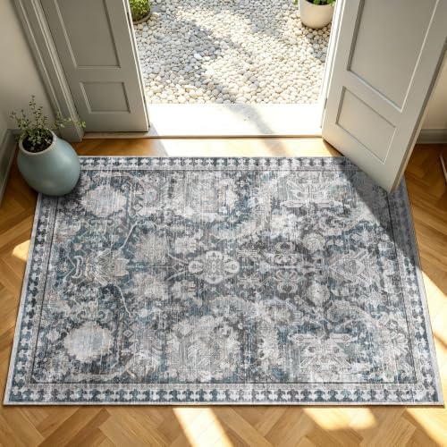 RUGSURE Washable Area Rugs - Perfect for Living Room, Bedroom, Kids Room, Nursery - Stain & Water Resistant Non-Slip, Pet & Child Friendly, Vintage Tribal Area Rugs (Grey and Blue, 3' x 5 ') by RUGSURE