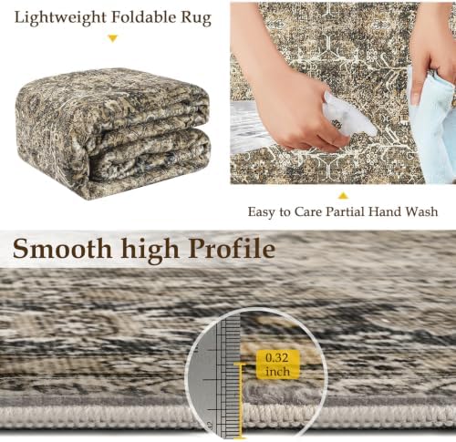 PureCozy 5x7 Washable Area Rug Brown Non Slip Soft Vintage Low Pile Carpet - Image 5