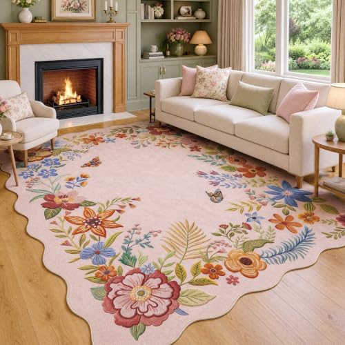 FMFUNCTEX 8x10 Washable Blush Pink Boho Scalloped Area Rug for Living Room - Image 2