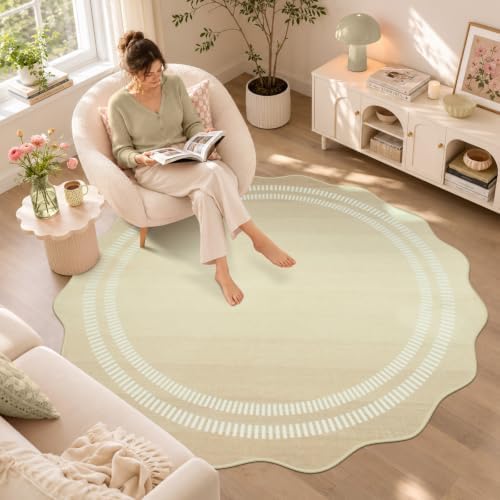 Entryway Round Rug 4ft,Washable Non Slip Neutral Ombre Scalloped Rug - Image 2