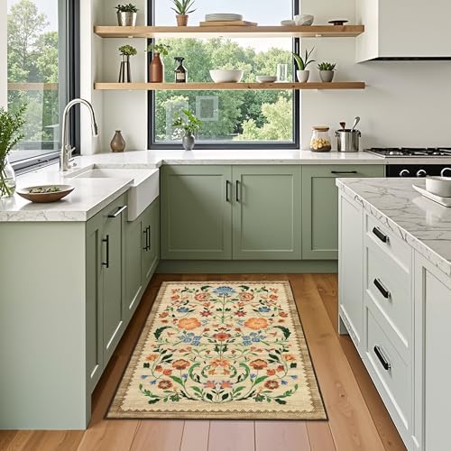 GarveeHome Floral Rug for Entryway 2x3 Rugs Machine Washable Boho Small Area Rug Non-Slip Low-Pile Front Door Soft Mat for Entrance, Bedroom, Kitchen, Laundry, Bathroom, Beige - Image 2