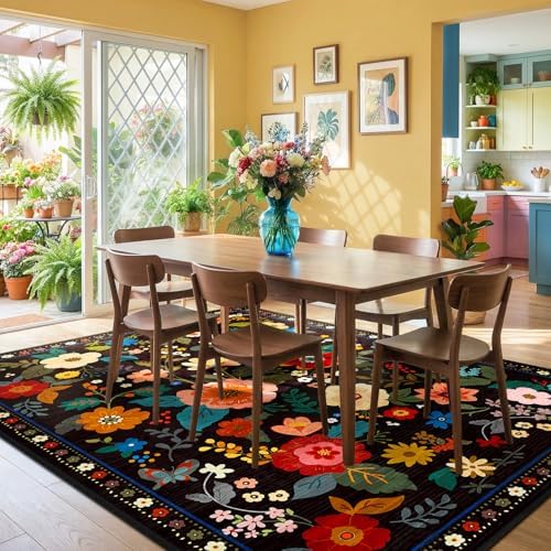 RELEANY Floral Washable 8x10 Area Rugs Black - Image 2