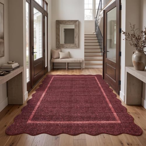 GarveeHome Scalloped Area Rug 4x6 - Washable Non-Slip Entryway Rug Burgundy by GarveeHome