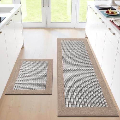StepRite Kitchen Rugs 2 PCS, Kitchen Mats for Floor, 20"x32"+20"x60", Khaki by Bringcushiontoyourlife