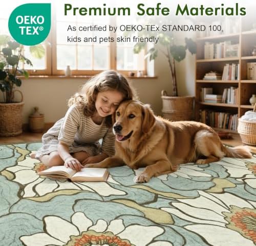 8x10 Ft Floral Area Rugs for Living Room, Thin Soft Washable Carpet Green - Image 5