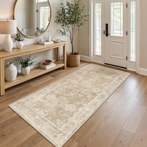 Madane Washable Runner Rug 3x6, Soft Kitchen Hallway Rug Beige/Brown by Madane