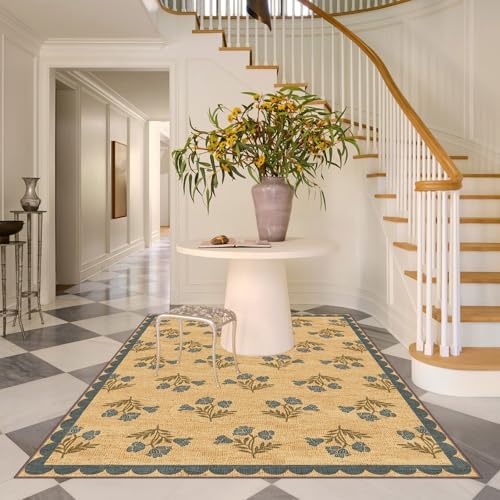 Floral 5x8 Living Room Rug, Blue Brown Scalloped Bedroom Area Rug - Image 7
