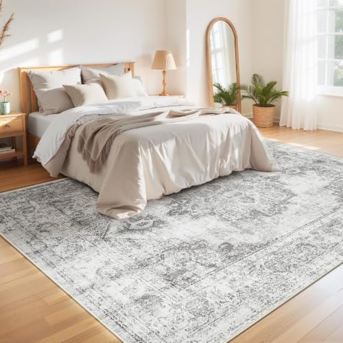 Area Rug 8x10 Vintage Rugs: Large Washable Indoor Medallion Rug Low Pile Distressed Floor Carpet Retro Accent Rugs for Living Room Bedroom Kitchen Dining Table Home Office(Grey, 8'x10') - Image 4