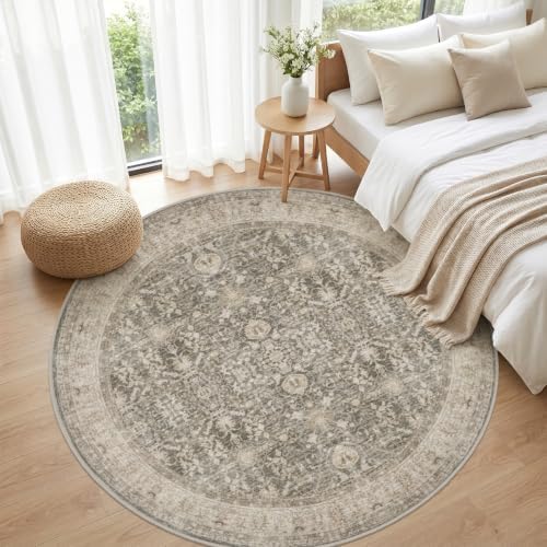 Round Area Rug Living Room: 6ft Neutral Washable Carpet Warm Taupe - Image 4