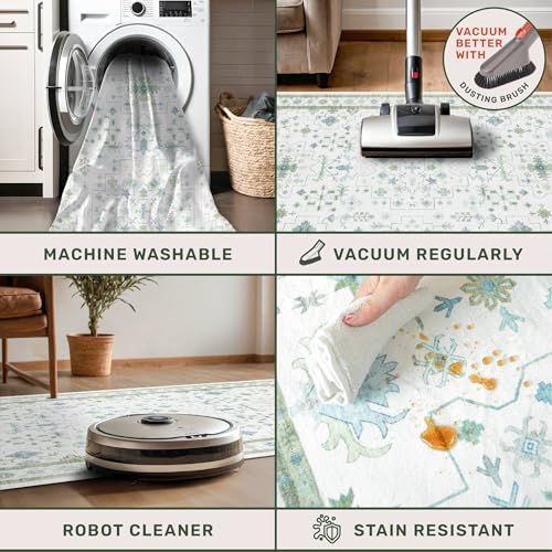 Hazo Haus Cream Oushak 6x8 Bedroom Rug - Boho Floral Cool Blue and Green, Washable Low Pile Non-Slip Ultra-Thin Large Area Rugs for Bed Room, Living Room - Image 4