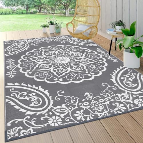 Pauwer Outdoor Rug 5x8, Waterproof Plastic Straw Camping Rug, Boho Grey by Pauwer