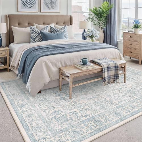 5x7 Washable Bedroom Area Rug Non-Slip Vintage Blue Throw Carpet - Image 3