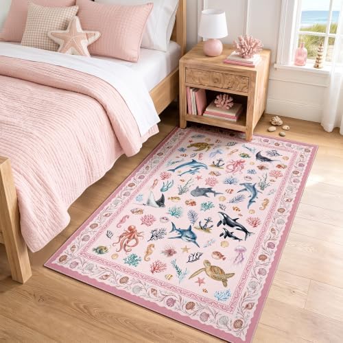 Arenarug 3x5 Kids Playroom Rug Washable Coastal Nursery Rug, Blush Pink by ArenaRug