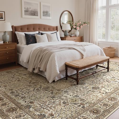Bavni 10x14 Area Rug for Living Room, Washable Low Pile, Cream Brown - Image 3