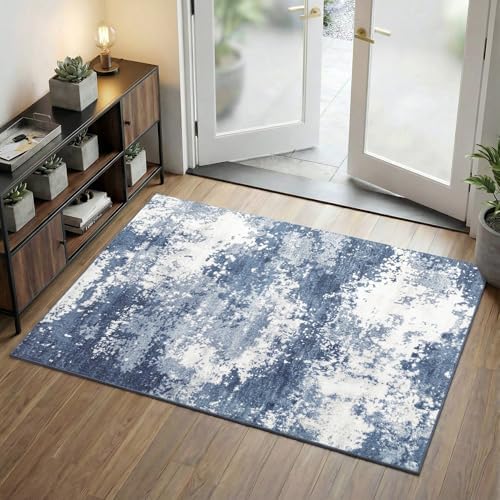 Entryway Rug 3x5 Blue Door Mat Indoor Entrance 36x60, Washable Small Throw Rugs for Kitchen Floor, Entry, Front Door, Bedroom Bedside, Non-Slip Low Pile Stain & Fade Resistant, Abstract Navy by Acapet
