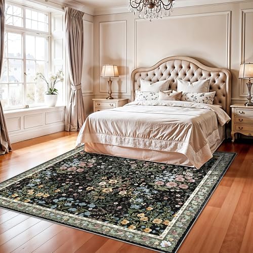 Vintage Floral Dining Room Rug 7x7-7ft Square Low Pile Non Slip Machine Washable Area Rug, Indoor Carpet for Under Table/Bed Living Room Bedroom Office Nursery Entryway Playroom (7ft Square, Black) - Image 4