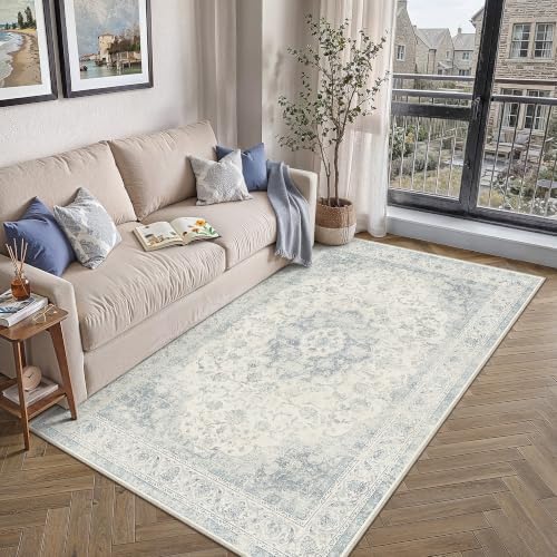4x6 Blue Washable Area Rug Non Slip Vintage Carpet by WondRg