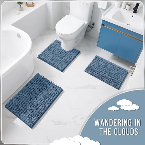Yimobra Bathroom Rugs Non Slip Washable - Ultra Soft Absorbent Chenille Bath Mat, Quick Dry Shaggy Floor Carpet for Tub Shower, Denim Blue Home Decor Accessories, 24x17 Inch - Image 2