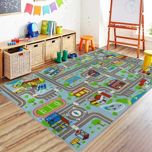 Capslpad Sky Blue Car Road Kid Rug Carpet Playmat for Playoom Traffic Road Kids Play Mat for Toddler Non Slip Washable City Map Race Track Carpet Rug for Kids Room Bedroom Nursery Room Decor,5.2'x3.3' by CapslpadDirect