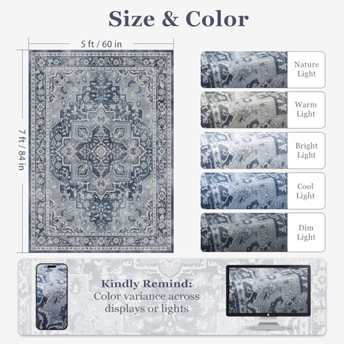 Blue Gray 5x7 Area Rugs for Living Room, Transitional Distressed Washable Non Slip Bedroom Rug, Modern Vintage Medallion Low Pile Thin Carpet Rugs for Den/Dining Room/Kitchen/Home Office - Image 2