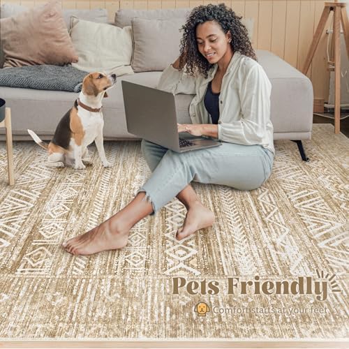 6x9 Area Rugs for Living Room: Washable Moroccan Geometric Boho Rug Farmhouse Non Slip Stain Resistant Large Rug Low Pile Soft Carpet for Bedroom Dining Room Home Office Kids Room (Light Brown,6'x9') - Image 5