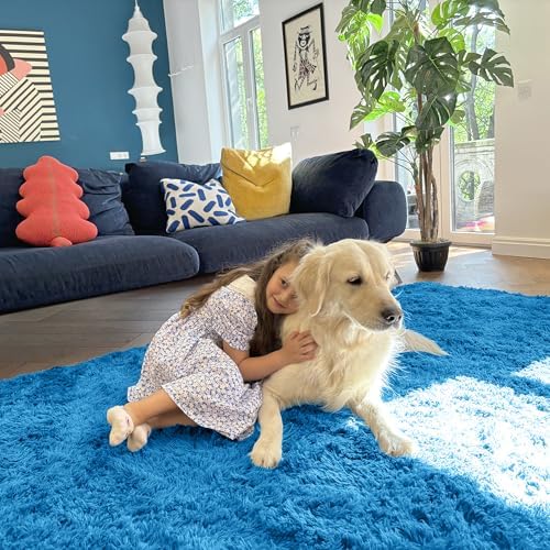 OLANLY 3x5 Machine Washable Small Bedside Rug, Soft Fluffy Shaggy Rugs for Living Room, Bedroom, Indoor Floor Carpet for Kids Girls and Boys, Preppy Dorms, Nursery, Home Decor Aesthetic, Bright Blue - Image 5