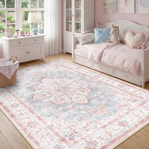 CAPALOCA 5x7 Washable Nursery Girls Low Pile Area Rug Pink Blue - Image 3
