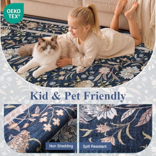 DUKINO 2x10 Runner Rug for Hallway, Washable Vintage Floral Rug, Navy Blue - Image 4