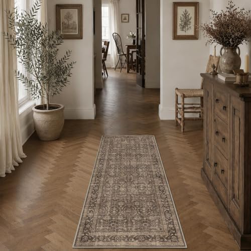 JOOJA 2x5 Brown Vintage Floral Low Pile Non Slip Washable Boho Runner Rug - Image 3