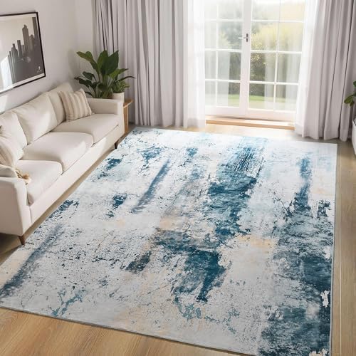 Ompaa Living Room Rug 5x8 Aqua Blue Area Rug Machine Washable Boho Rug Non Slip Abstract Vintage Indoor Large Rugs for Bedroom, Classroom, College Dorm, Farmhouse, Dining Room, Kids Playroom by OmpaaHomeDecor