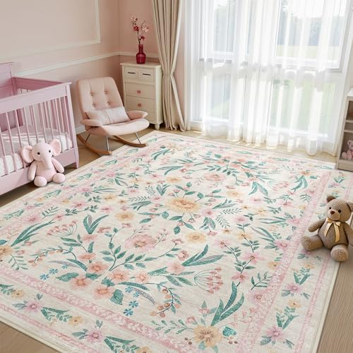 Pink Floral Area Rug 6x9,Soft Washable Girls Bedroom Rug for Nursery, Living Room or Playroom,Boho Vintage Non-Slip Carpet for Kids or Teen Girl Room Decor by Dadasgk