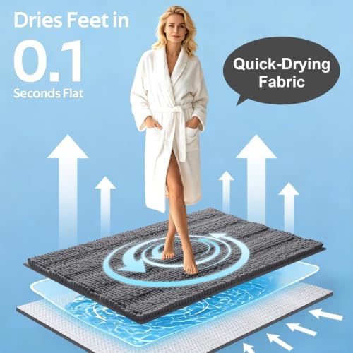 Striped Grey Bathroom Rug Mat Set 2 piece 24"x17"+48"x20" Ultra Soft, Non Slip Chenille Bath Rugs, Absorbent Plush Shaggy Bath Mats for Bathroom, Bedroom, Kitchen, Shower, Tub,Dark Gray, Charcoal - Image 3