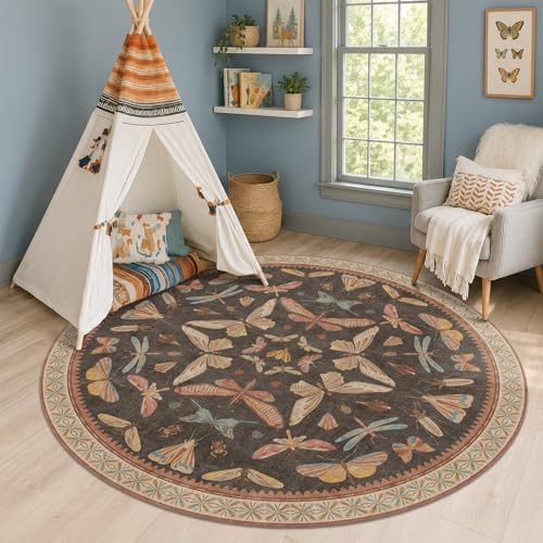 Vintage 6ft Round Living Room Rug, Brown Washable Circle Carpet for Entryway, Home Office & Reading Corner, Soft Stain Resistant Boho Insect Rug - Image 3