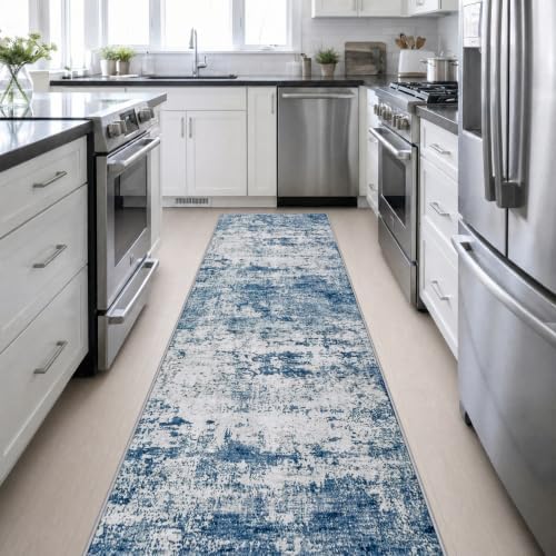 3x14 Washable Runner Rug：Modern Abstract Kitchen Soft Carpet Blue - Image 5