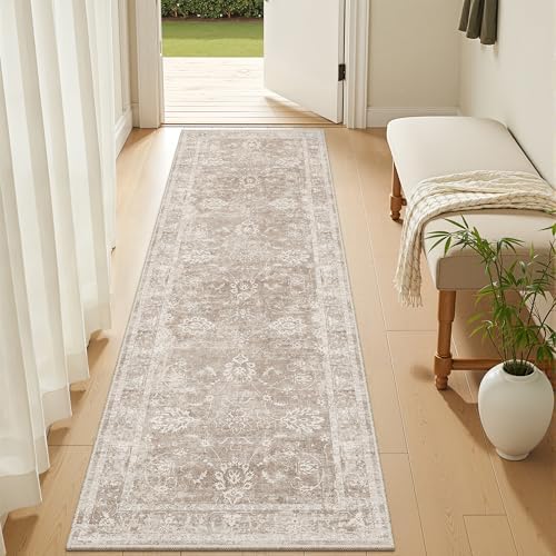 Madane Washable Runner Rug 2x5, Vintage Kitchen Hallway Rug Brown/Sand - Image 2