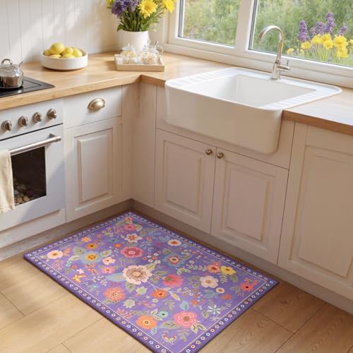 RELEANY Floral Washable 2x3 Area Rugsk Doormat Purple/Pin - Image 3