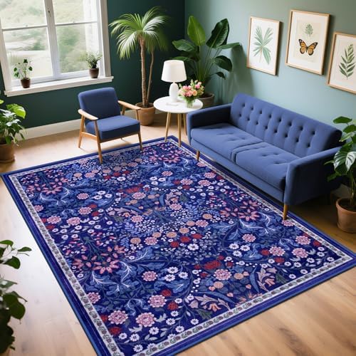 PLHXFR 6x9 Area Rug Living Room: Floral Washable Boho Soft Carpet Blue by PLHXFRSoftAreaRugs