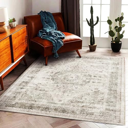 CHAMPLANT Area Rug 5'x7' Washable Rug Floral Khaki Traditional Floor Cover Thin Retro Kitchen Indoor Distressed Non Slip Carpet for Living Room Bedroom Dining Room - Image 2