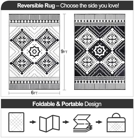 Waterproof Outdoor Rug 6x9ft, Boho Reversible Plastic Straw Mat for Patio RV Deck Porch Backyard Balcony Camping Picnic Beach Indoor Outdoor Carpet, Black&White - Image 2