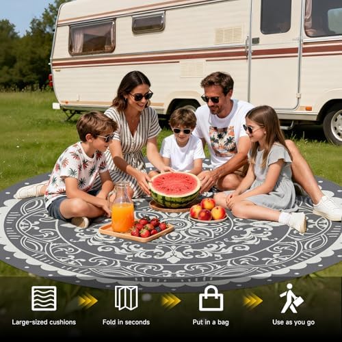 Pauwer Waterproof Outdoor Rug 8ft, Plastic Straw Patio Mat, Paisley Grey - Image 5
