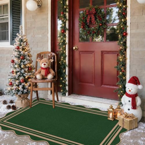Scalloped Easy Jute 3x5 Christmas Outdoor Rug, Washable Rugs for Entryway Green Front Door Mat, Farmhouse Neutral Non Slip Indoor Carpet for Patio Living Room Backyard - Image 3