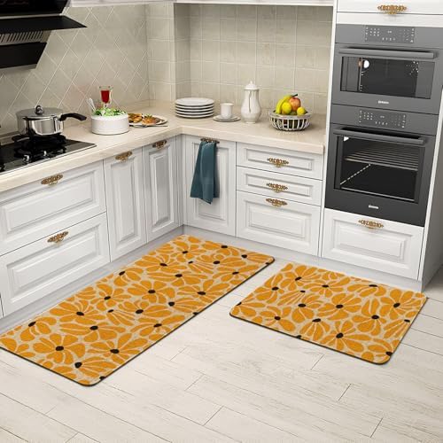 Spring Daisy Floral Kitchen Mats Decor, Yellow Retro Groovy Flower Power Kitchen Rugs Sets of 2, Vintage 1970s Floral Rug Home Decorations Indoor - Image 4