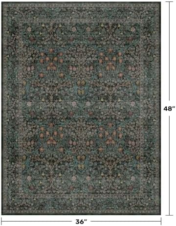 Dark Green Washable Entry Rug, 3x4 Rugs for Entryway Kitchen Bathroom Door Mat Indoor Entrance, Non Slip Rubber Backing, Stain & Fade Resistant, Vintage Floral Design - Image 2