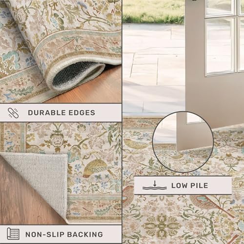 Hazo Haus Washable Area Rugs 5x7 for Living Room - Boho Cottagecore Earthy Rugs for Bedroom, Dining Room, Office with Vintage Beige Taupe Botanical & Bird Pattern, Non Slip Stain Resistant Low Pile - Image 5