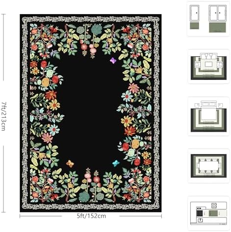 5x7 Area Rugs, Ultra-Thin Soft Rugs for Bedroom, Indoor Non-Slip Washable Rug for Living Room, Dining Room, Low Pile Home Decor Floral Rug(Black) - Image 2