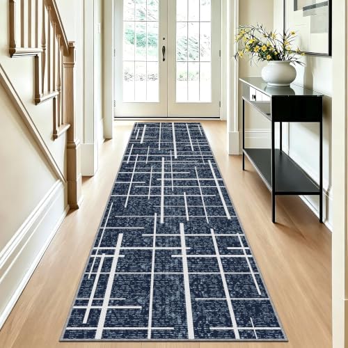 Non Slip Hallway Runner Rug 2x8,Modern Distressed Stripe, Washable Long Rug, Woven Thin Low Pile Carpet Runners for Hallway 10ft Entryway, Kitchen, Walkway- Blue - Image 2
