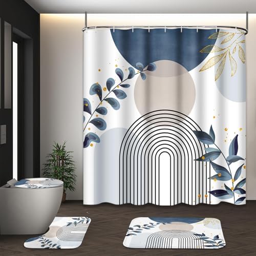 Bathroom Sets with Shower Curtain and Rugs, Set of 4, Leaves Boho by Tayney