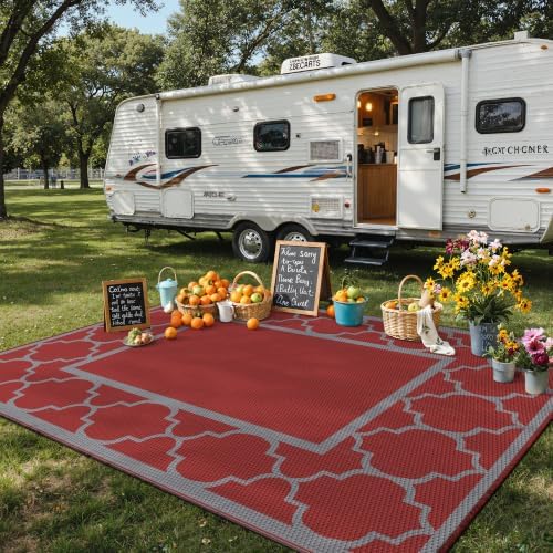 GENIMO Outdoor Rug, Waterproof Plastic Rugs for Patio, 8'x10' Red Grey - Image 3