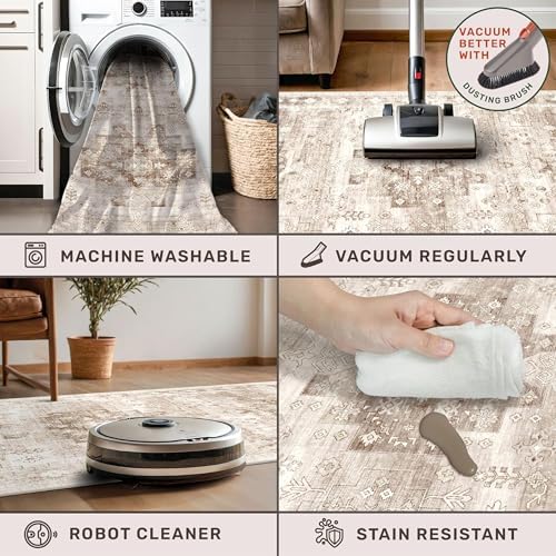 Washable Boho 6x8 Area Rug for Living Room - Vintage Beige Dining Room Rug Under the Table, Low Pile Non-Slip Rugs for Bedroom, Office - Charming Geometric Decor & Stain Resistance (6x8 Beige/Latte) - Image 3